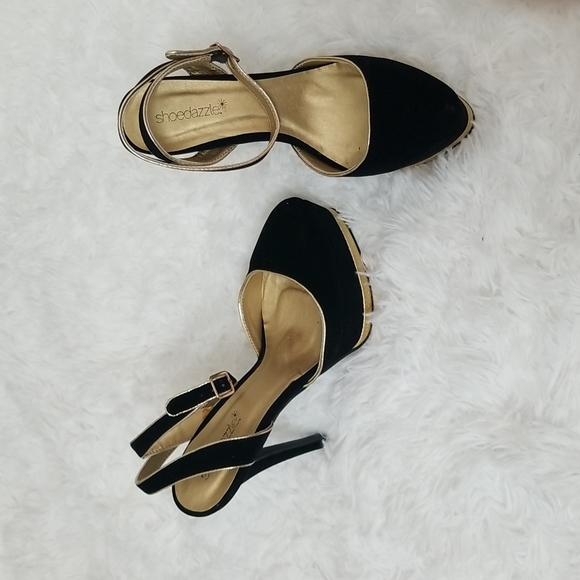 New Shoedazzle Black Suede and  Gold Platform Heels size 8 - Picture 4 of 7